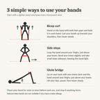 An instructional graphic titled '3 simple ways to use your bands' with three illustrated exercise poses and explanatory text for bicep curl, side steps, and glute bridge, on a light beige background.