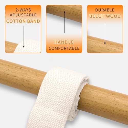 An adjustable cotton band wrapped around a wooden pole, with three feature callout panels above highlighting 2-way adjustable cotton band, comfortable handle, and durable beech wood.