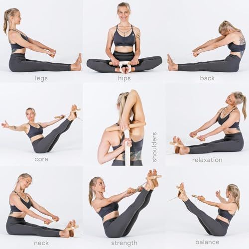 Grid of a woman performing various yoga poses on a white background