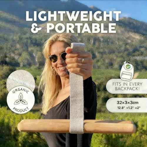 A woman outdoors in front of mountains holds a light gray woven backpack strap wrapped around her arm. Large text reads 'LIGHTWEIGHT & PORTABLE,' with additional callouts including 'ORGANIC PRODUCT,' 'FITS IN EVERY BACKPACK!,' and dimensions '32x3x3cm 12.