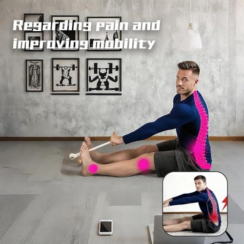 Man stretching in a room with exercise-themed decor, focusing on pain and mobility improvement.