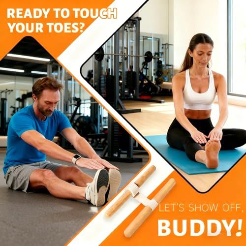 An advertisement for a foot stretcher exercise tool, showing a man stretching his toes on the floor and a woman doing the same on a yoga mat in a gym. The product itself is shown at the bottom center as two wooden handles connected by a white strap.