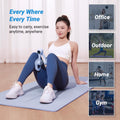 Woman exercising on a mat with workout equipment, with text indicating exercise flexibility.