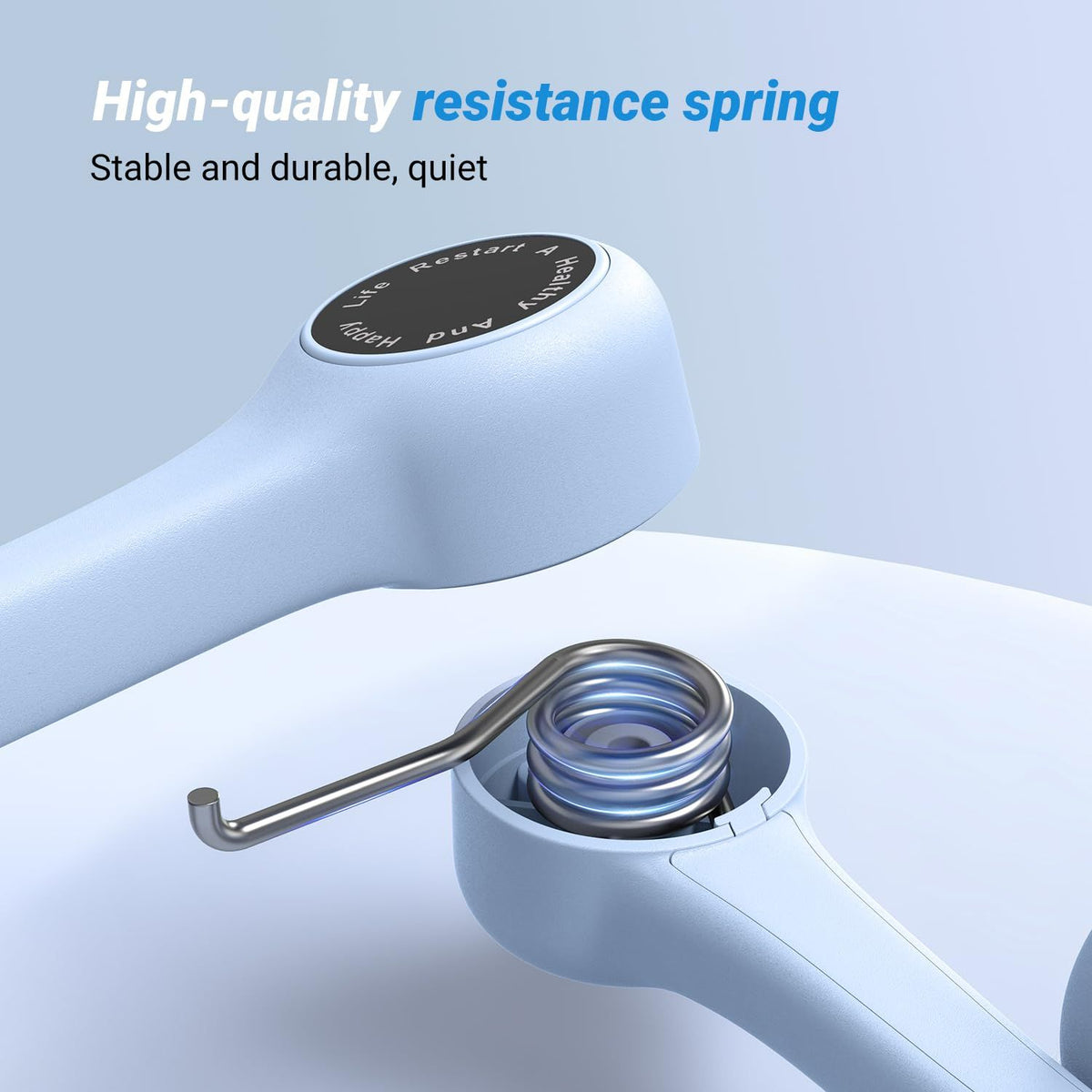Close-up of a high-quality resistance spring with a blue background and text highlighting its features.