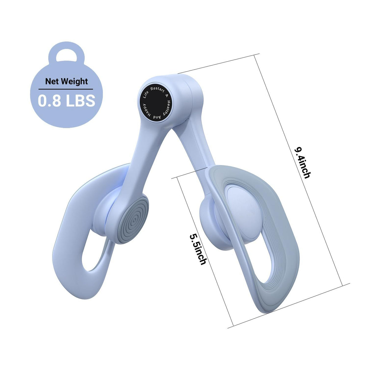 Light blue thigh trainer with measurements and weight label on a white background