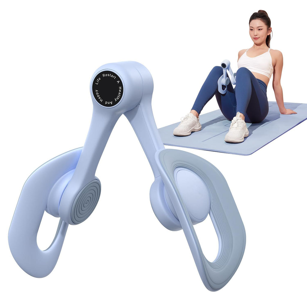 Blue exercise device with a woman exercising on a mat in the background