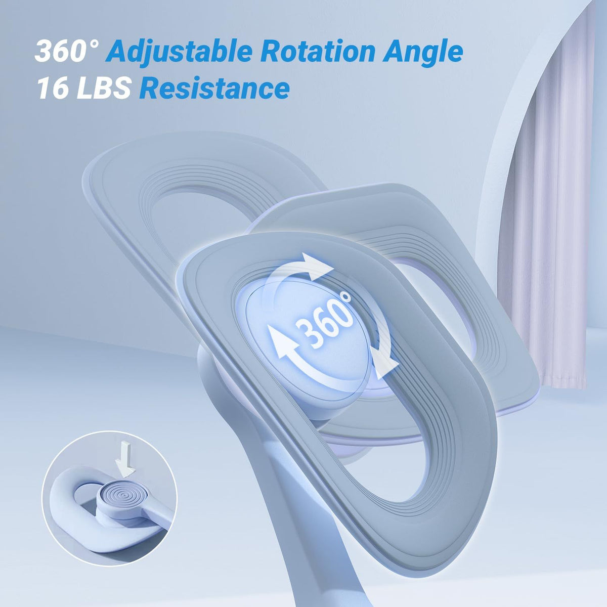 360-degree adjustable rotation angle product with 16 lbs resistance on a light blue background