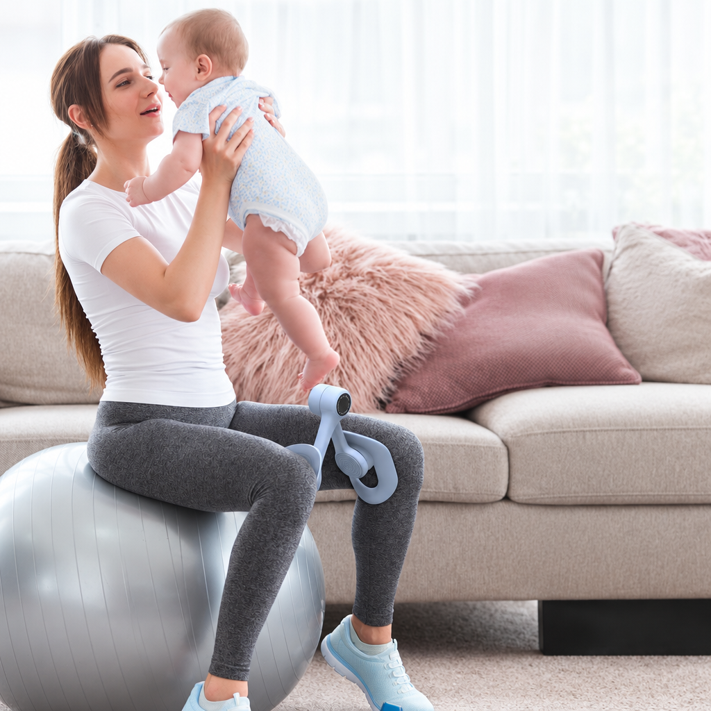 Parent using a blue thigh trainer at home while holding a baby.